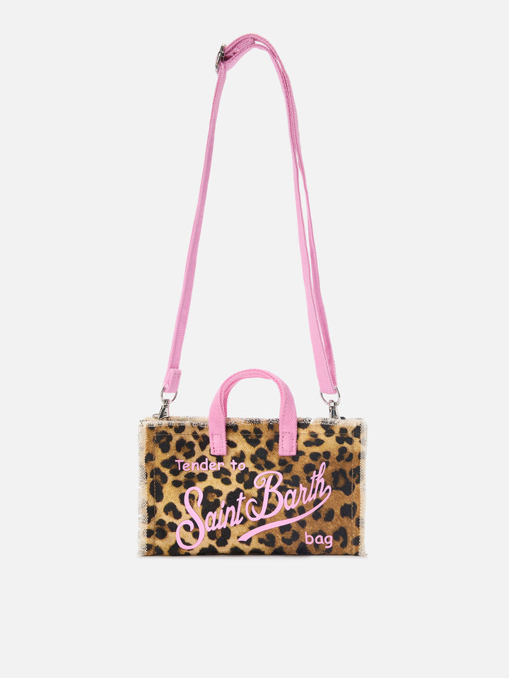 Borsa Phone micro in canvas con fantasia leopardata e logo rosa a contrasto