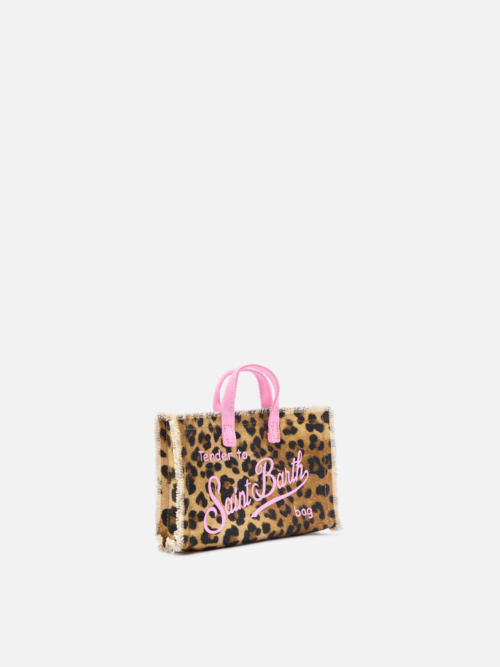 Borsa Phone micro in canvas con fantasia leopardata e logo rosa a contrasto