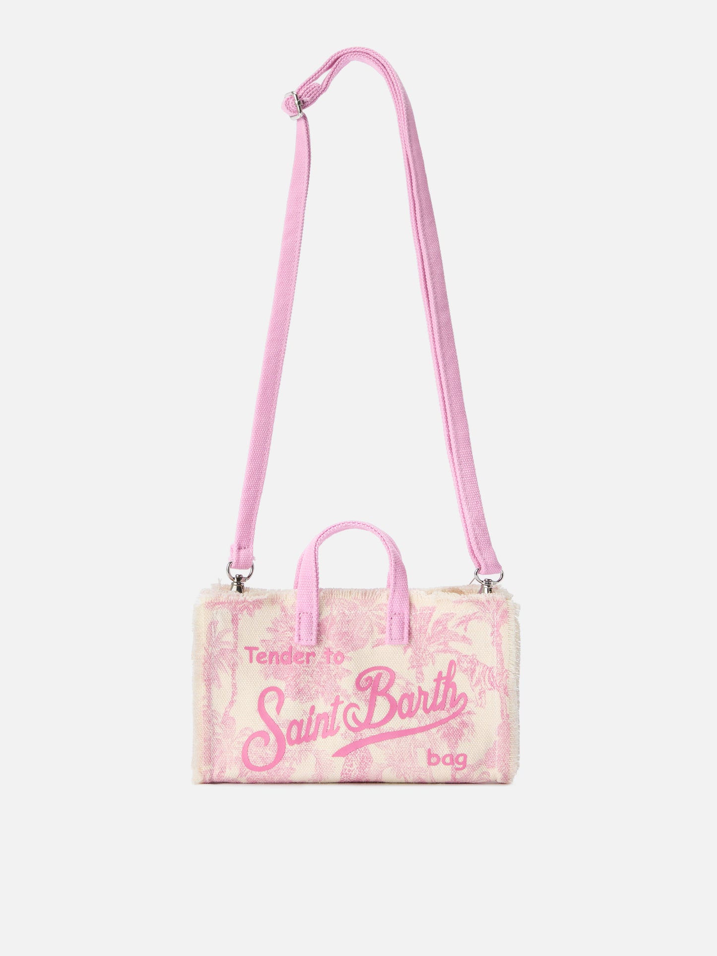 Micro Phone canvas bag with pink toile de jouy print and contrasting logo