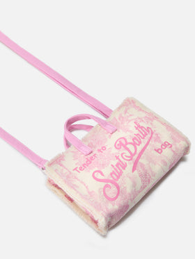 Micro Phone canvas bag with pink toile de jouy print and contrasting logo