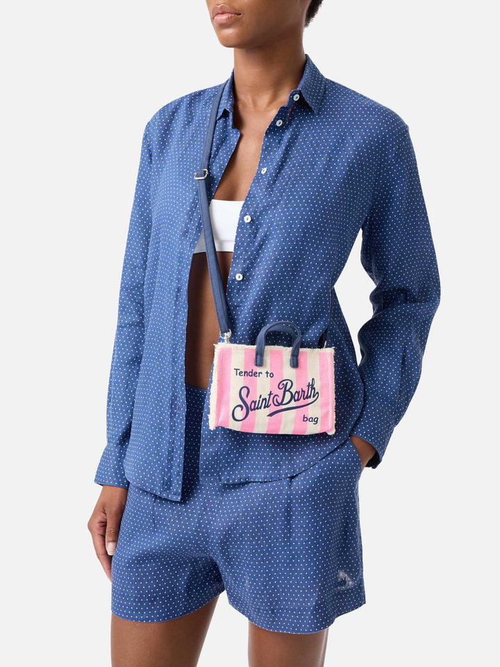 Sac en toile Micro Phone à rayures blanches et roses avec logo contrasté 