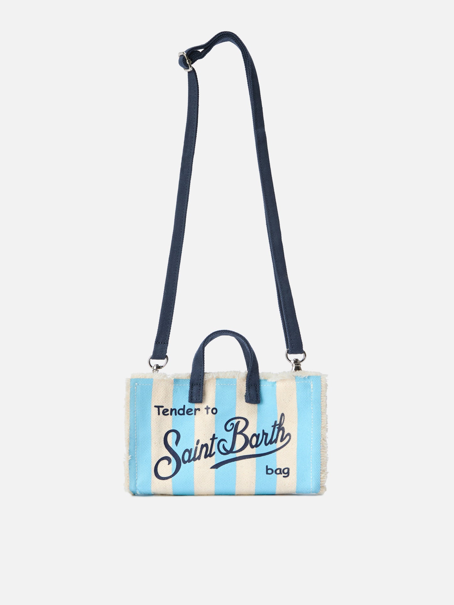 Sac en toile Micro Phone à rayures blanches et bleu clair avec logo contrasté 