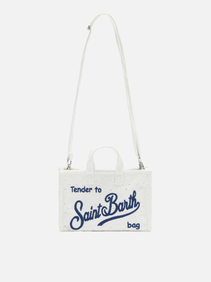 Micro sac pour téléphone blanc en broderie anglaise avec logo brodé 