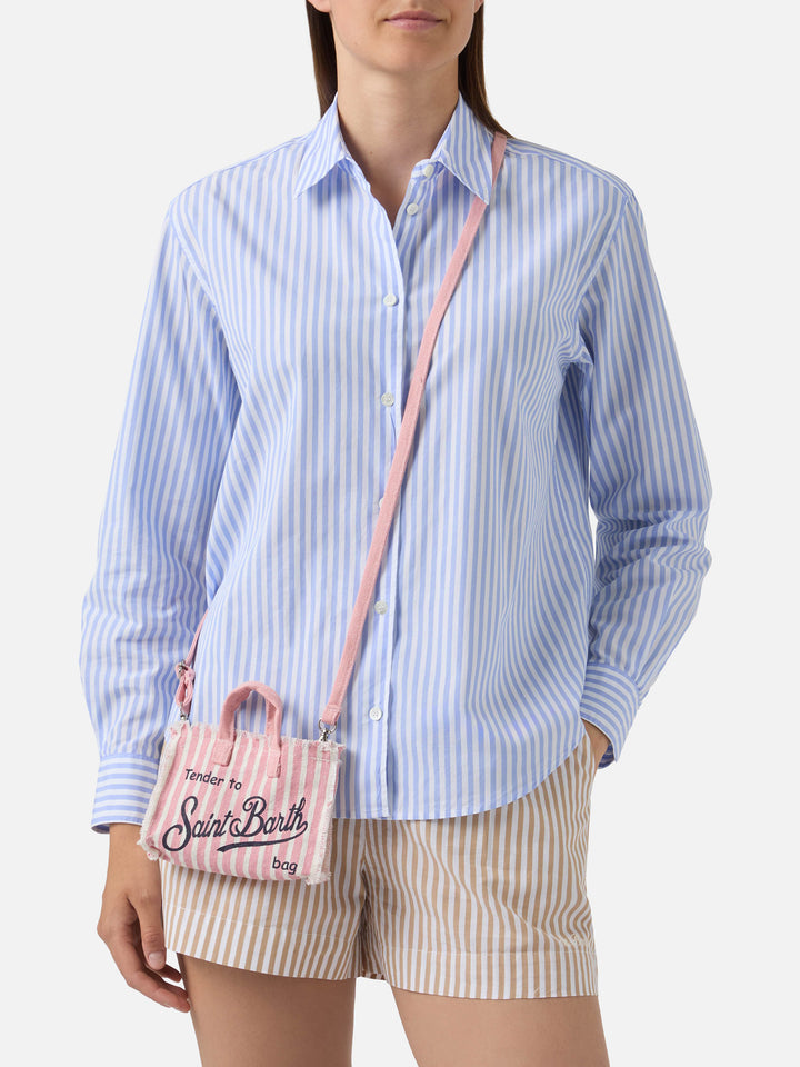 Borsa Phone micro in lino a righe rosa e bianche con logo a contrasto