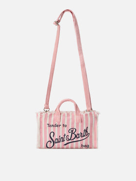 Micro Phone linen bag with pink and white stripes and contrasting logo