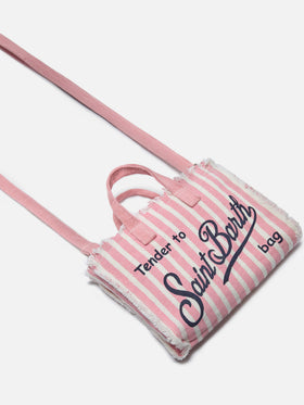 Micro Phone linen bag with pink and white stripes and contrasting logo
