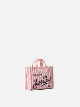 Micro Phone linen bag with pink and white stripes and contrasting logo