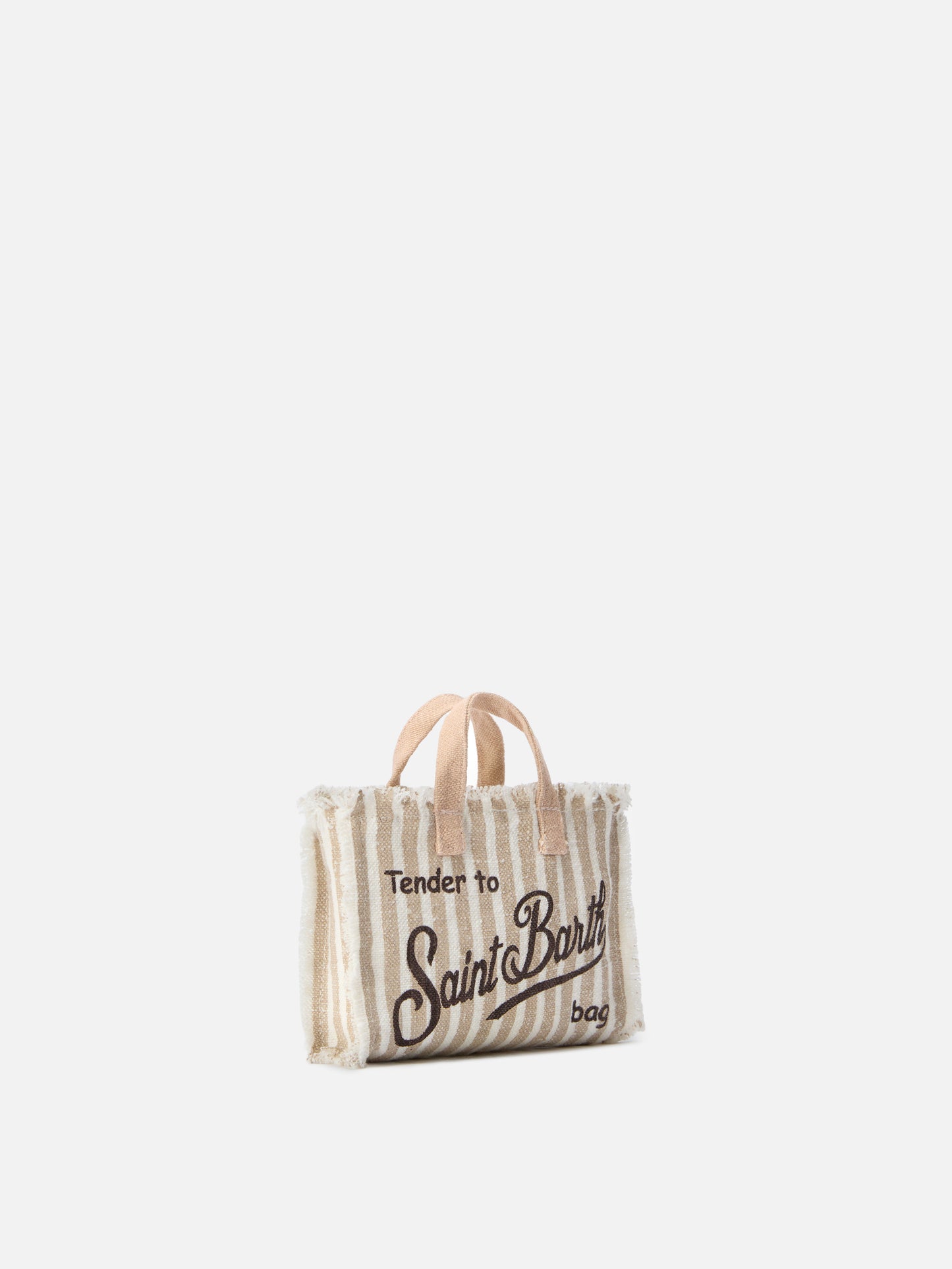 sac micro Phone en lin à rayures beige et blanches avec logo contrasté 