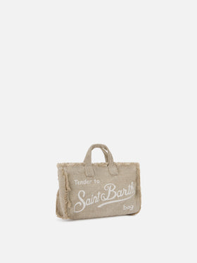 micro Phone solid beige linen bag with contrasting logo