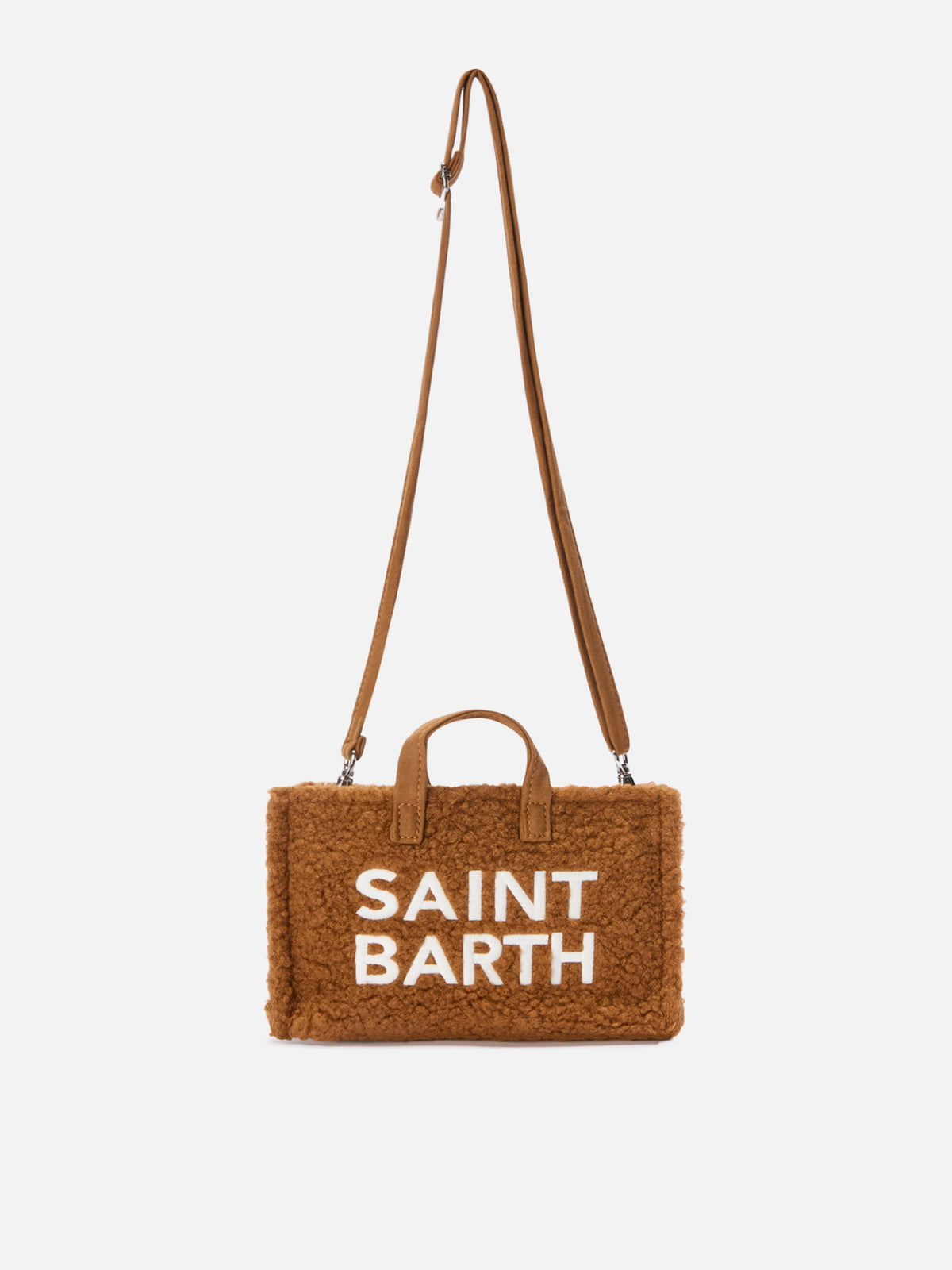 Bolso para teléfono marrón en tejido teddy con bordado del logotipo 