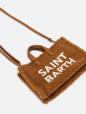 Bolso para teléfono marrón en tejido teddy con bordado del logotipo 