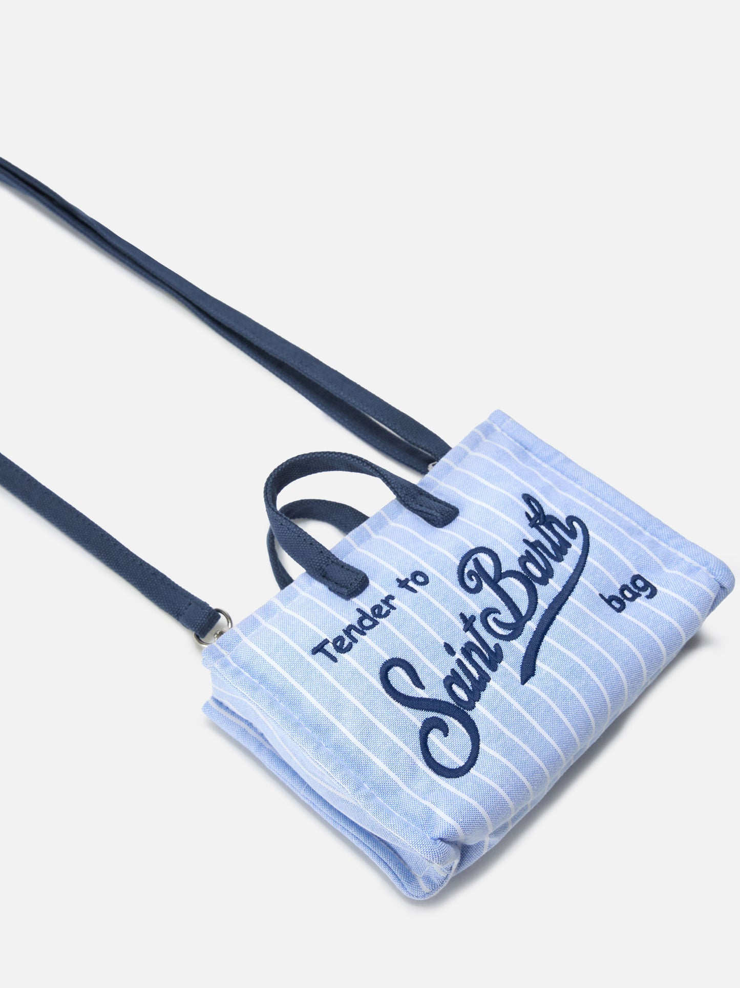 Sac en toile Micro Phone à rayures blanches et bleu clair avec logo contrasté 