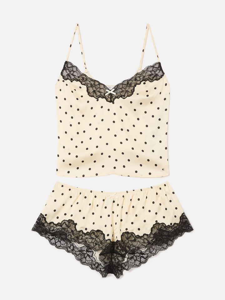 Ensemble top et short Pilar off white à pois et dentelle 