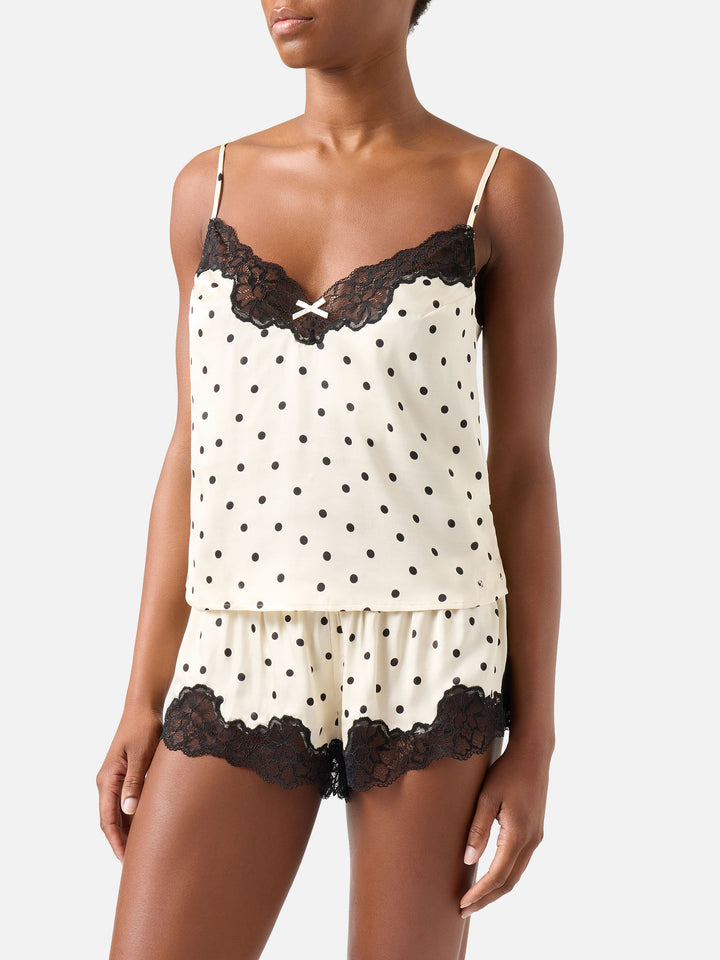 Ensemble top et short Pilar off white à pois et dentelle 