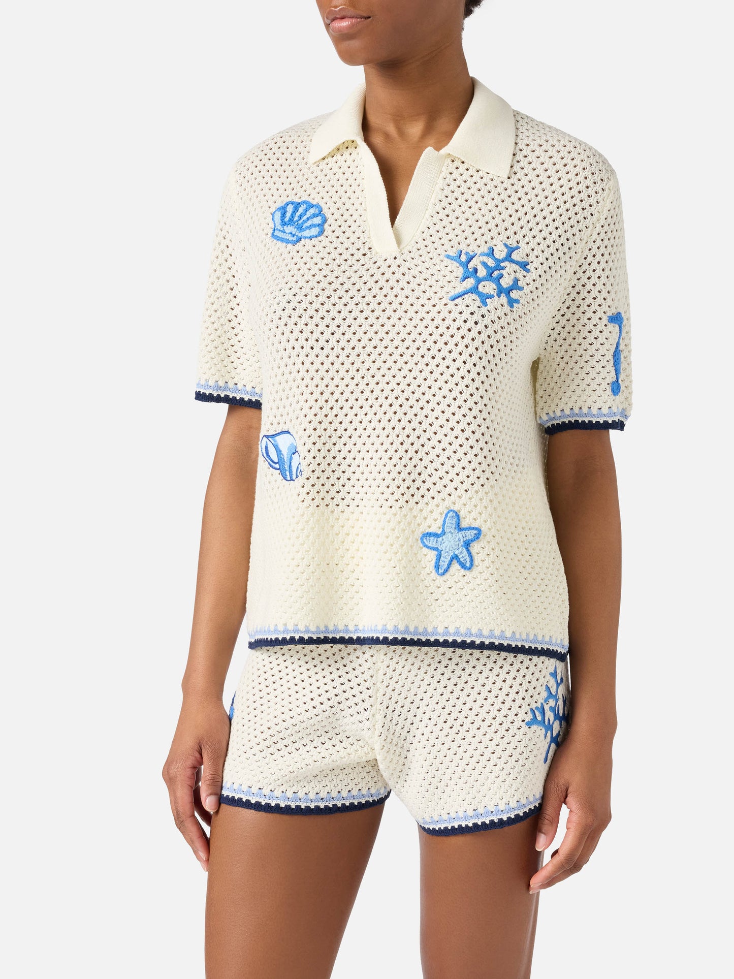 Pixie openwork knit polo with marine patches