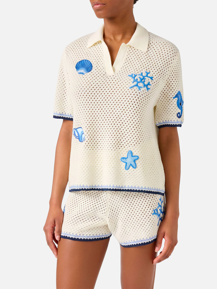 Polo Pixie in maglia traforata con patch marine