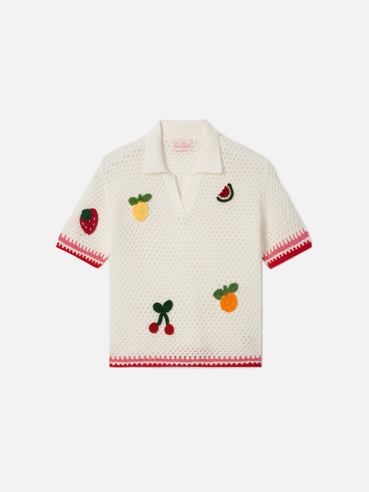 Polo Pixie Jr in misto cotone bianca con patch ricamate