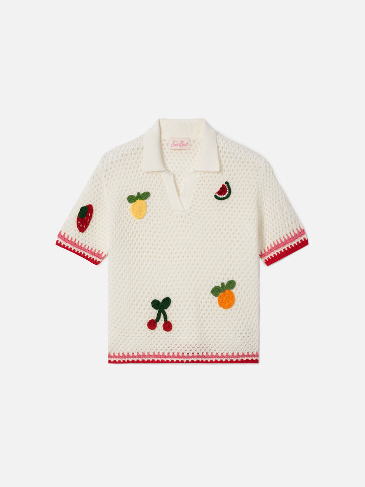 Pixie Jr Polo in white cotton blend with embroidered patches