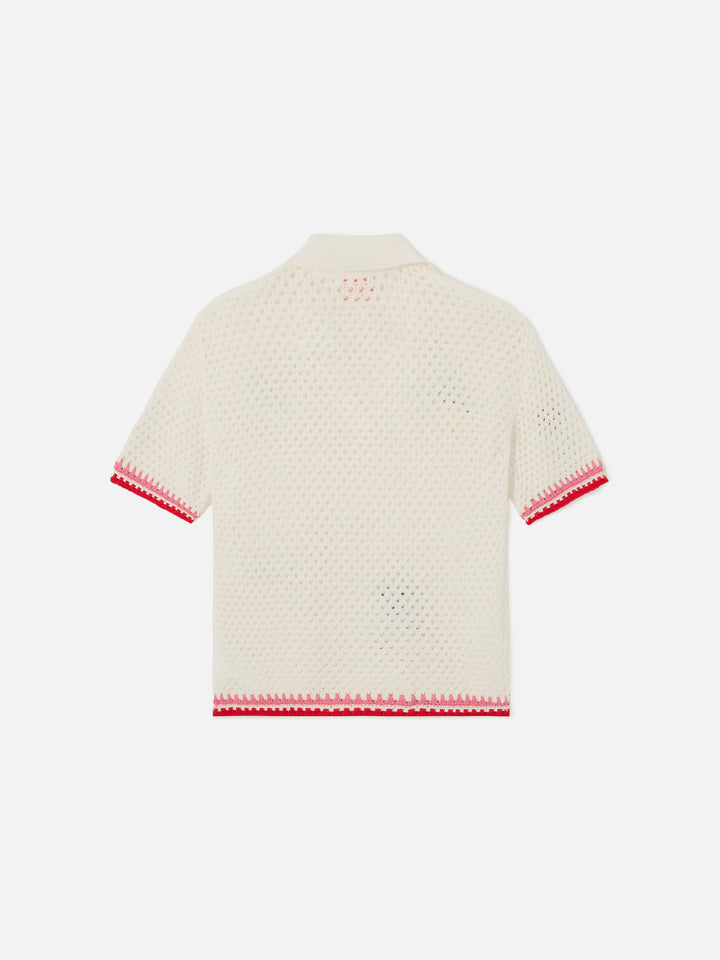 Pixie Jr Polo in white cotton blend with embroidered patches