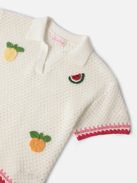 Pixie Jr Polo in white cotton blend with embroidered patches