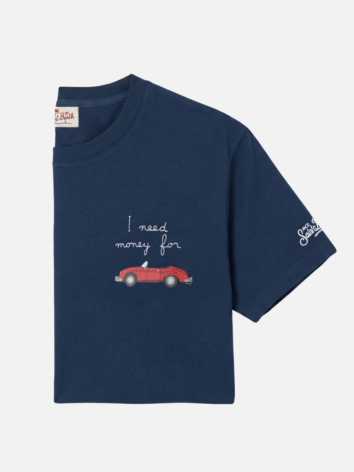 Camiseta Portofino azul marino con bordado de coche y I need money for 