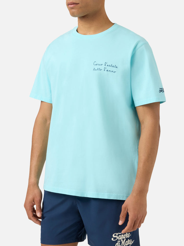 T-shirt Portofino turchese chiaro con ricamo Cerco L'estate Tutto L'anno