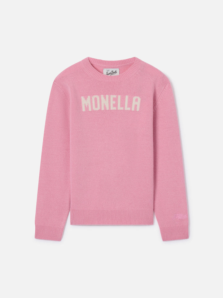 Pull col rond Princess en maille rose avec lettrage Monella 