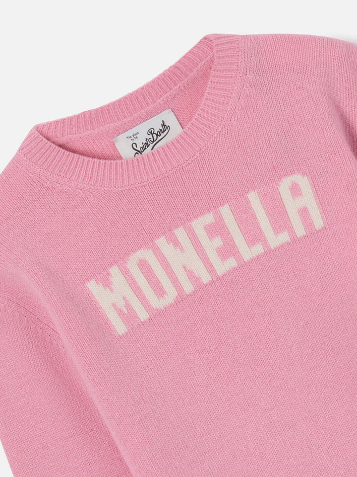 Pull col rond Princess en maille rose avec lettrage Monella 