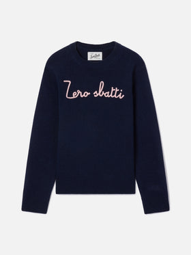 Pull en maille à col rond Princess bleu marine blue avec broderie Zero Sbatti 