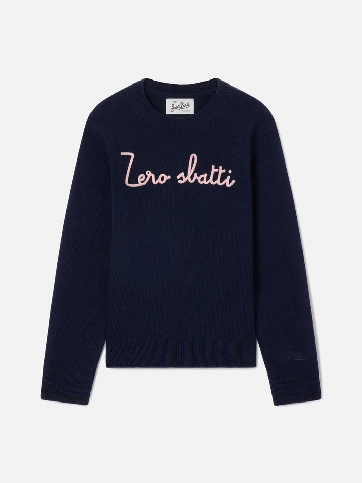 Pull en maille à col rond Princess bleu marine blue avec broderie Zero Sbatti 