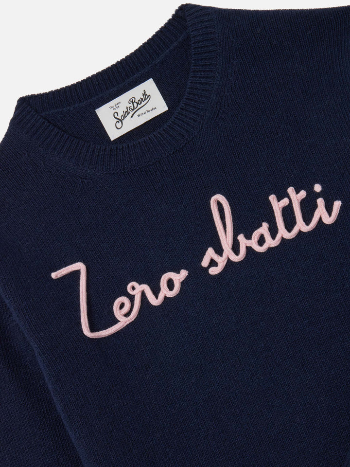 Pull en maille à col rond Princess bleu marine blue avec broderie Zero Sbatti 