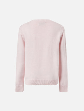 Prinzessinnenpullover aus Kaschmirmischung mit Teddybär-Jacquardmuster und Schleifenapplikationen