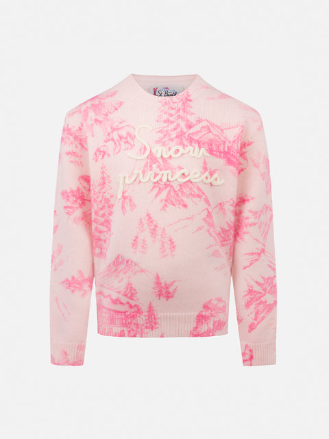 Girl pink crewneck sweater Princess with toile de jouy print and Snow Princess embroidery - MC2 Saint Barth