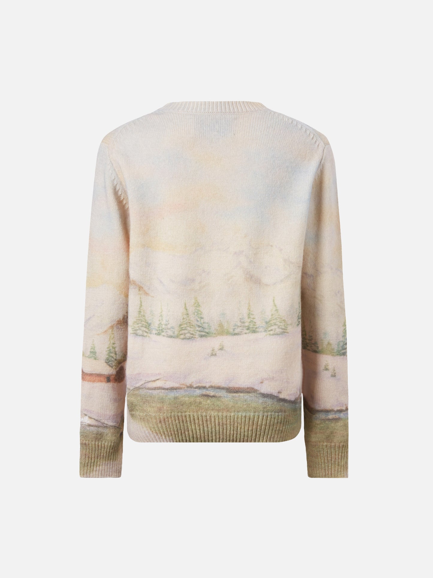 Weißer Rundhalspullover im Prinzessinnenstil mit Bergmotiv und Traumland-Stickerei