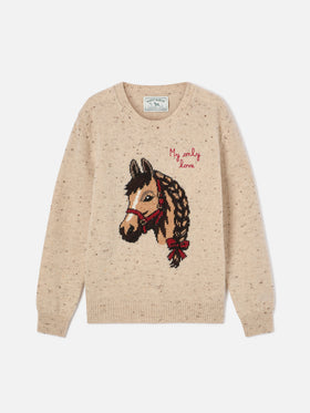 Jersey de cuello redondo de punto Donegal en mezcla de lana Beige Princess con intarsia de caballo y bordado My Only Love 