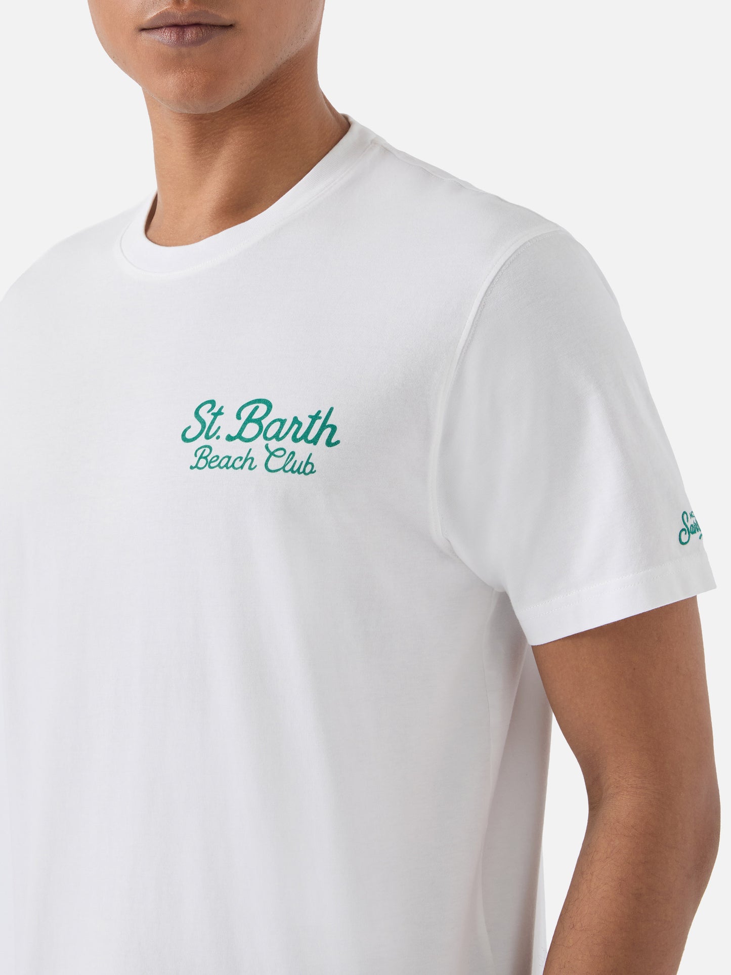 White Portland t-shirt with St. Barth Beach Club embroidery