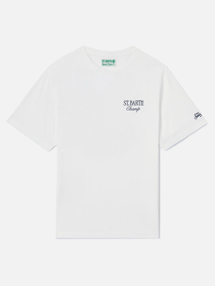 White Portland t-shirt with Après Tennis Champion illustration