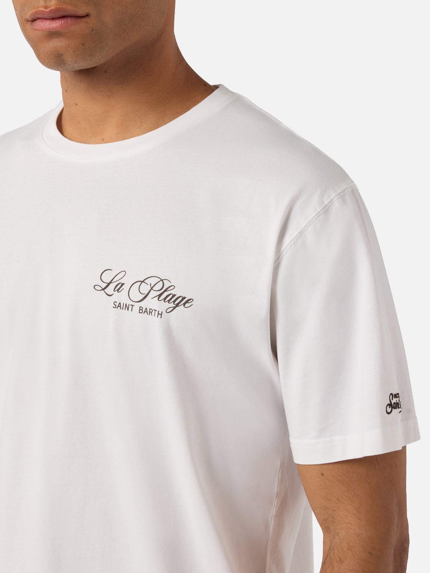 White Portland t-shirt with La Plage print