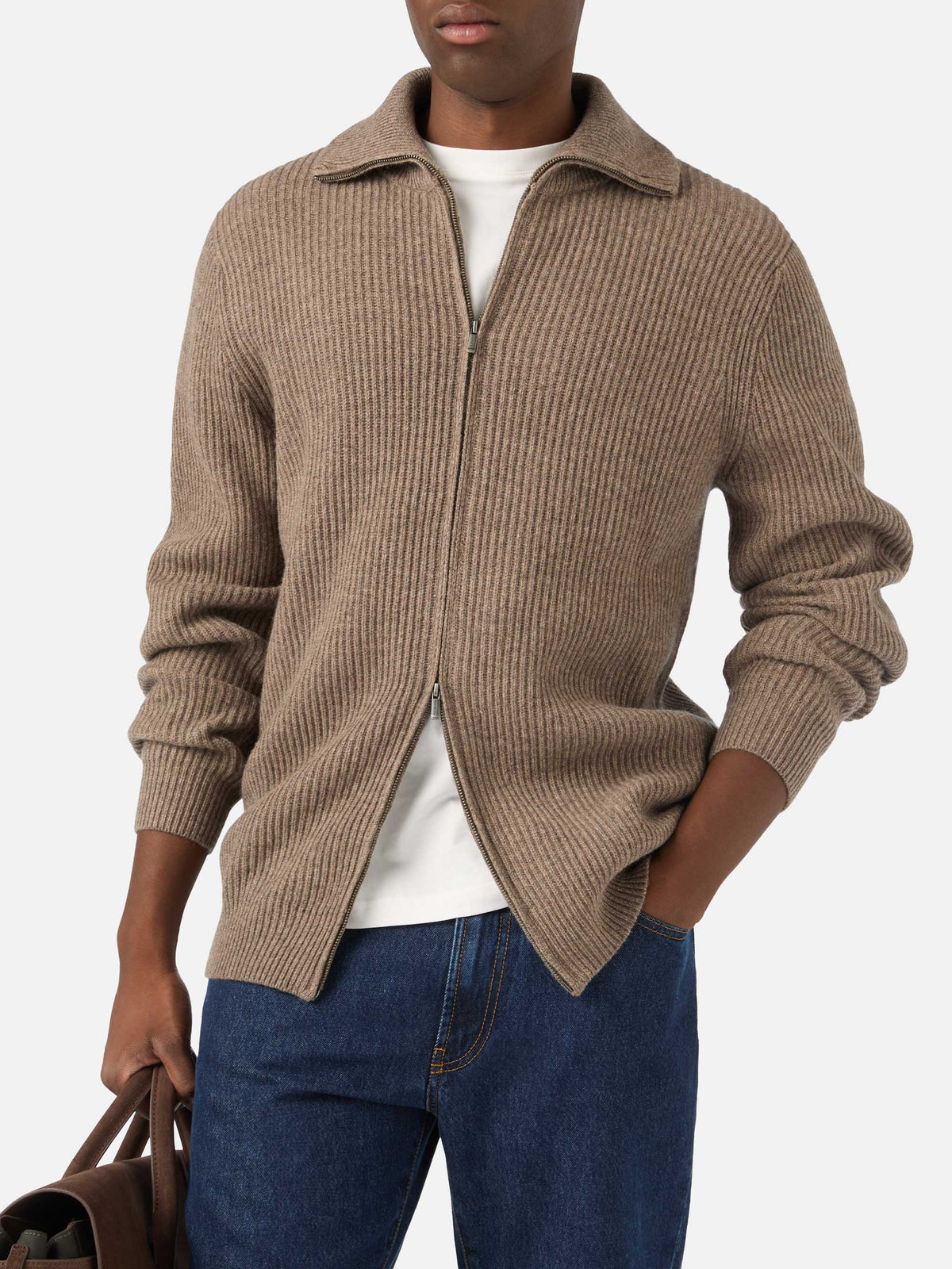 Beiger Preston Cardigan aus Wollstrick mit durchgehendem Reißverschluss 