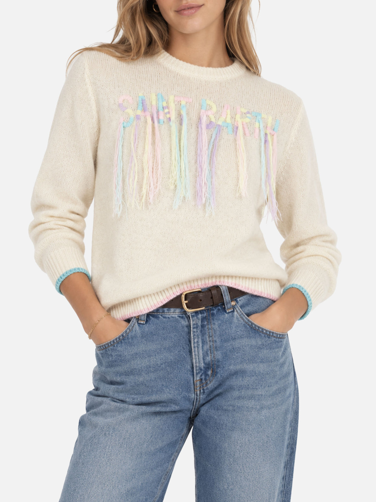 Maglia girocollo New Queen bianca in misto cashmere con ricamo logo a frange