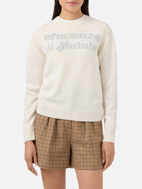 New Queen cashmere-blend crewneck in white with Vacanze di Natale jacquard | VACANZE DI NATALE SPECIAL EDITION