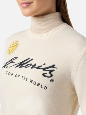 New Queen cashmere-blend sweater in white with St. Moritz embroidery | ST. MORITZ TOP OF THE WORLD SPECIAL EDITION