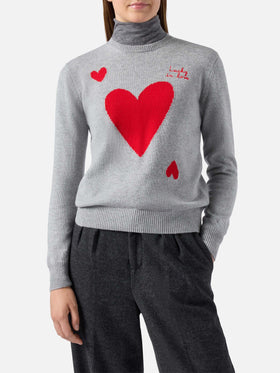 Maglione New Queen in misto cashmere grigio con ricamo Lucky in love