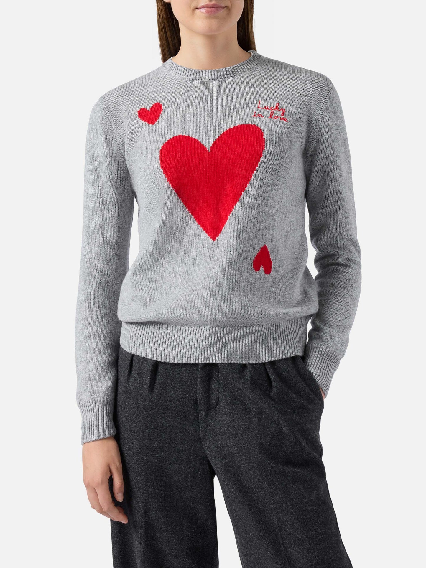 New Queen cashmere-blend sweater in grey with Lucky in love embroidery