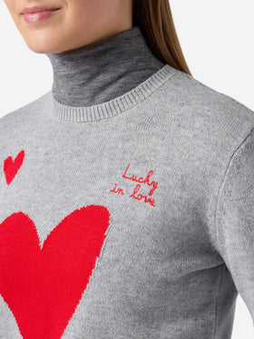 Maglione New Queen in misto cashmere grigio con ricamo Lucky in love