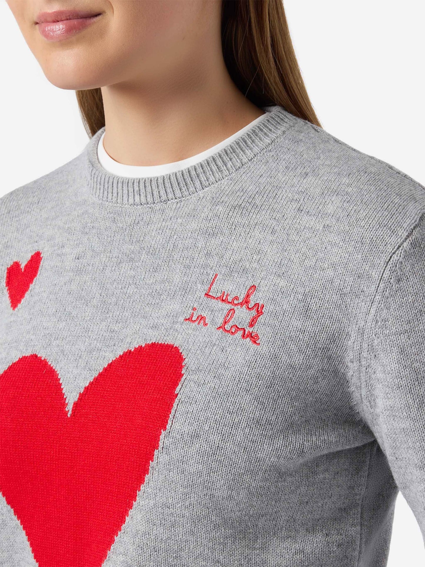 New Queen cashmere-blend sweater in grey with Lucky in love embroidery