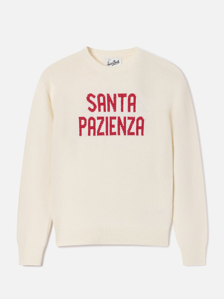 Maglia girocollo New Queen off white con ricamo Santa Pazienza in lurex