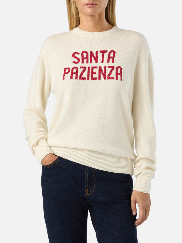 Pull en maille à col rond New Queen écru avec broderie lurex Santa Pazienza 