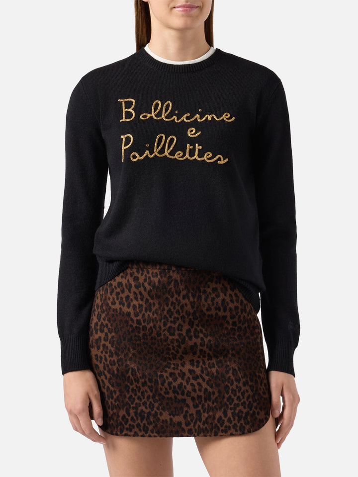 New Queen cashmere-blend sweater in black with Bollicine e Pailettes embroidery