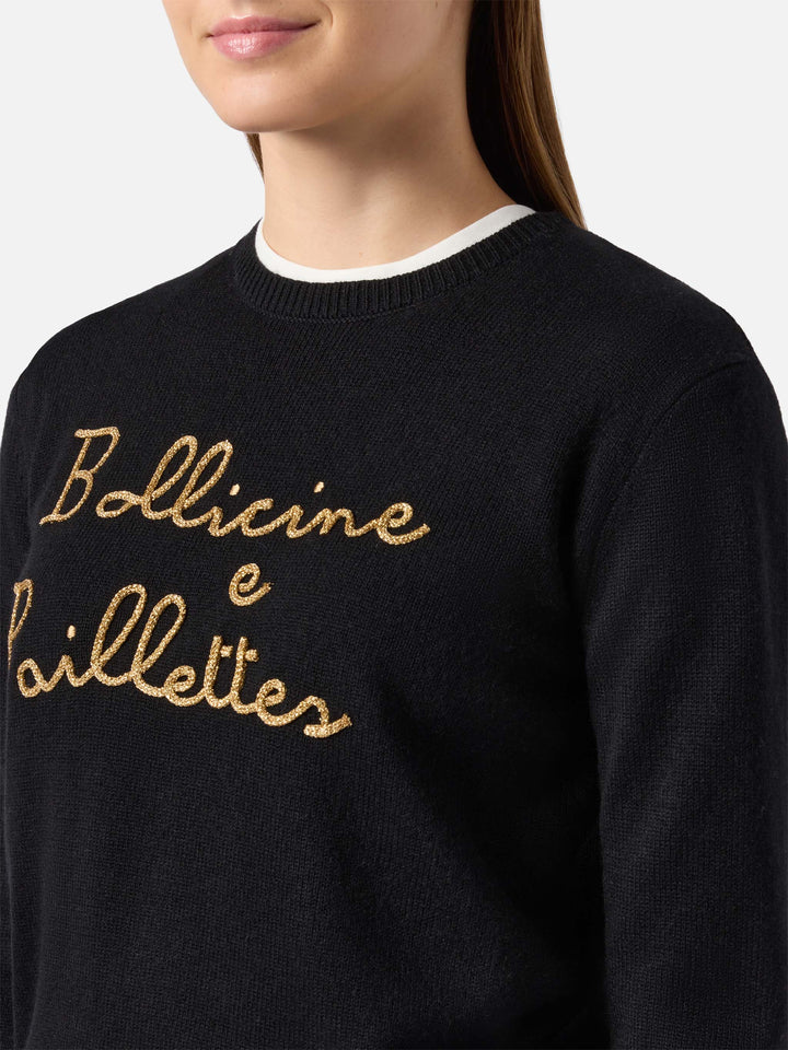New Queen cashmere-blend sweater in black with Bollicine e Pailettes embroidery
